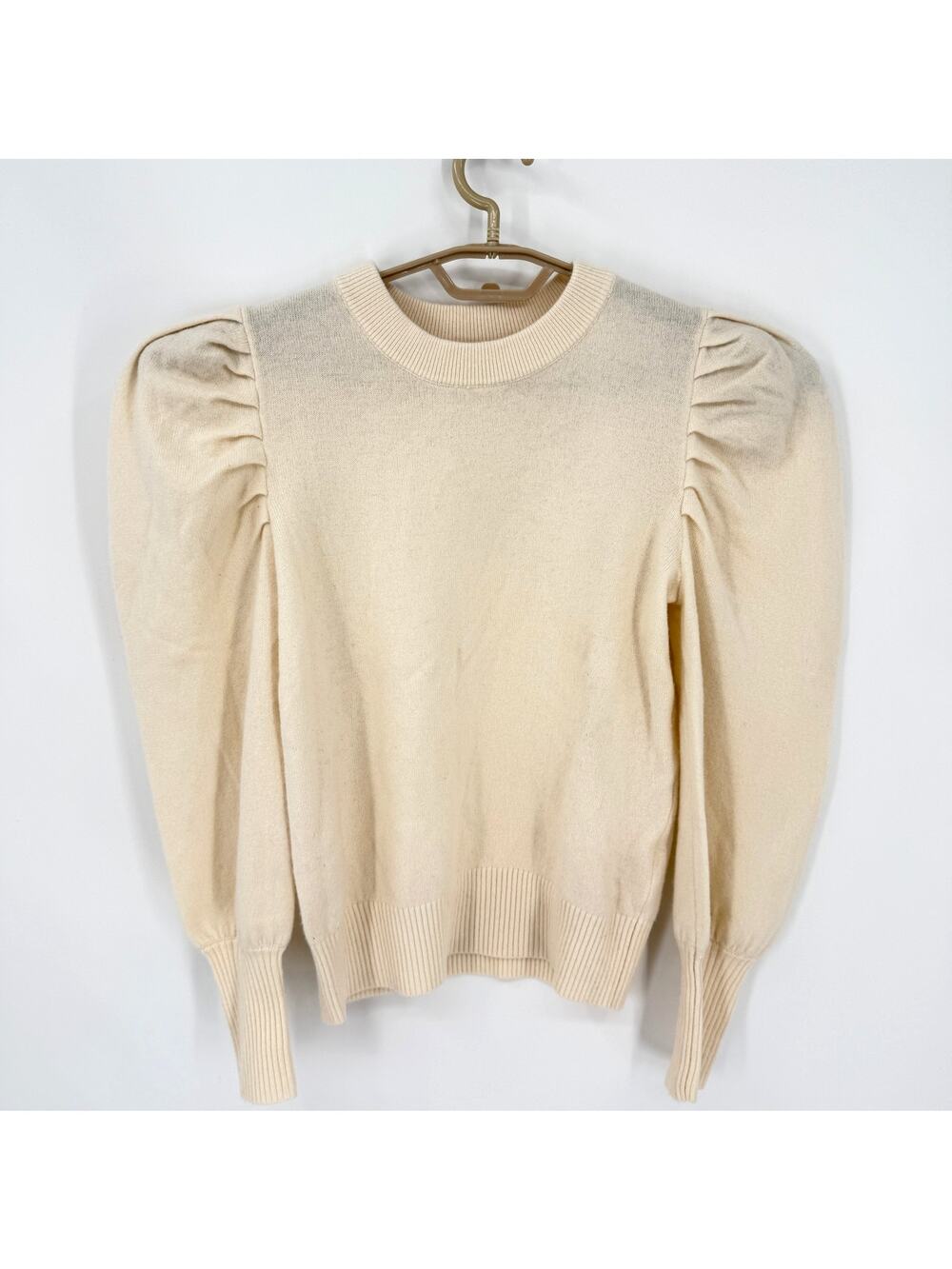 Suncoo Paris 100% Wool Shirred Puff Sleeve Sweater Cream French Size T0/XS/S NEW